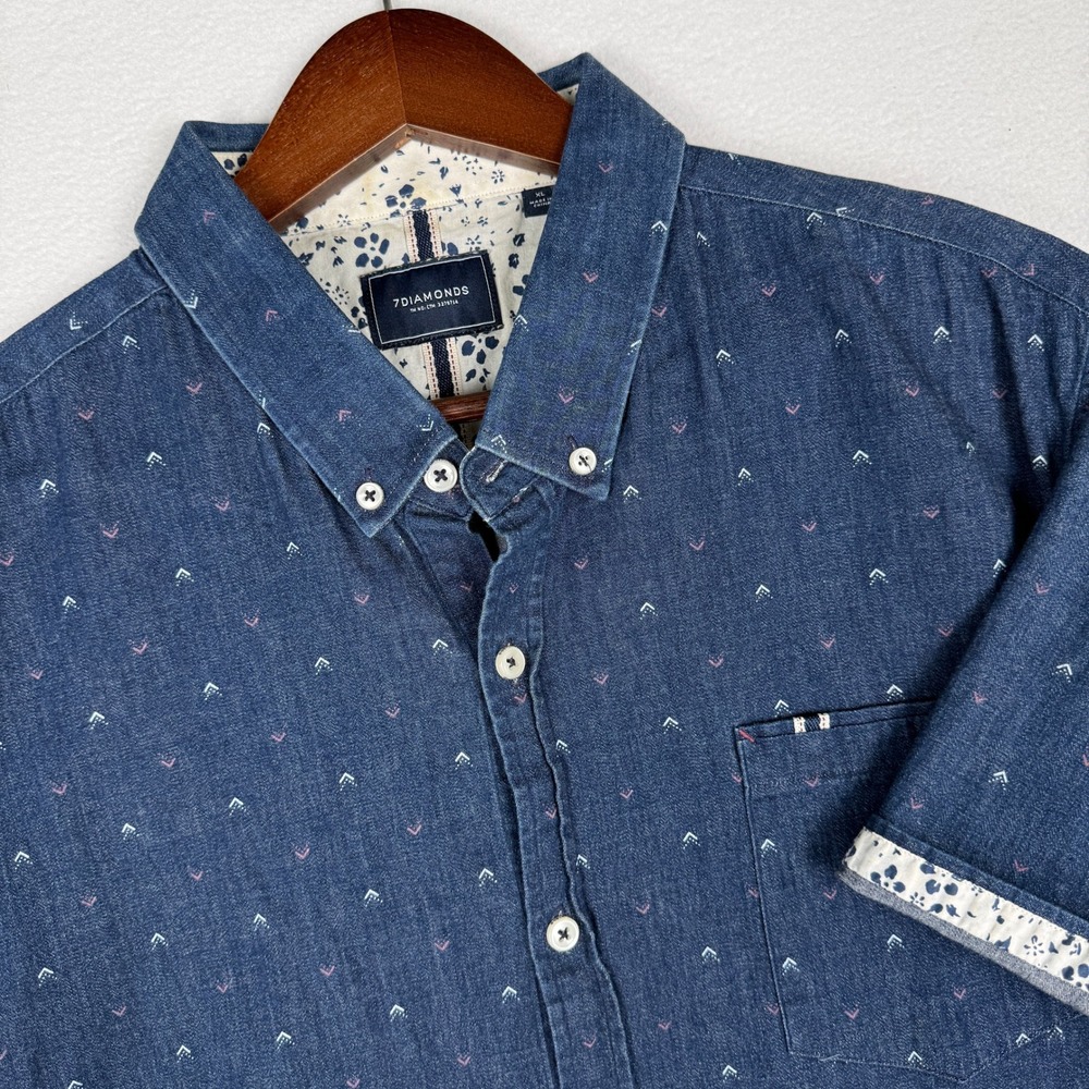 7 Diamonds Mens XL Blue AOP Stretch Short Sleeve Button Down Shirt SMX-6524